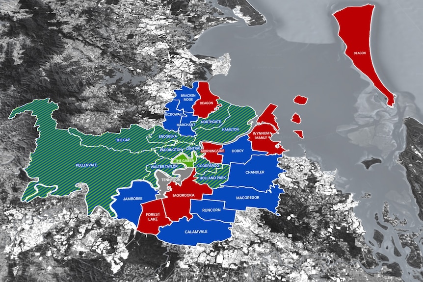 A map of Brisbane council wards in blue, red and green