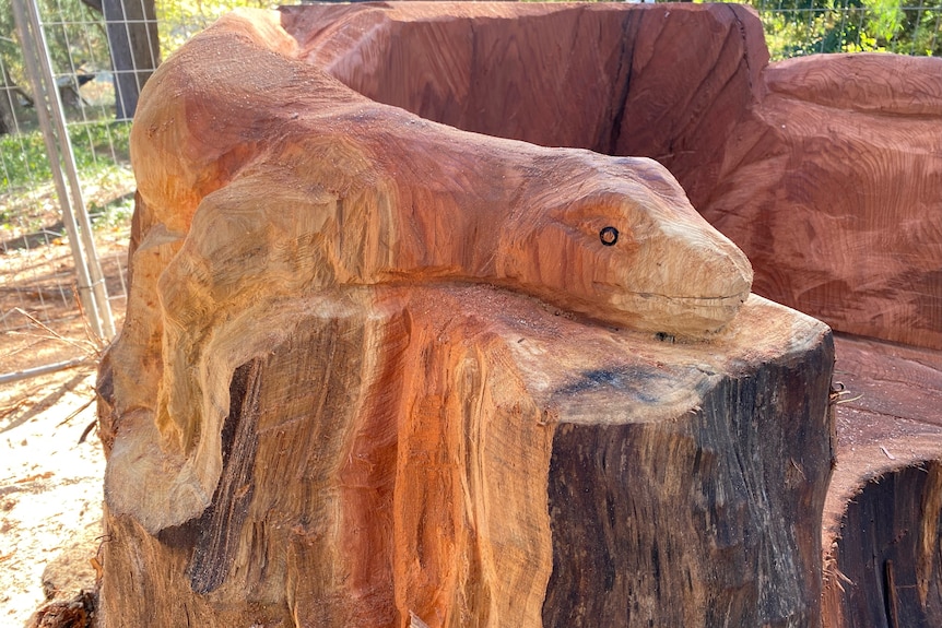 Wood carving of a gecko.