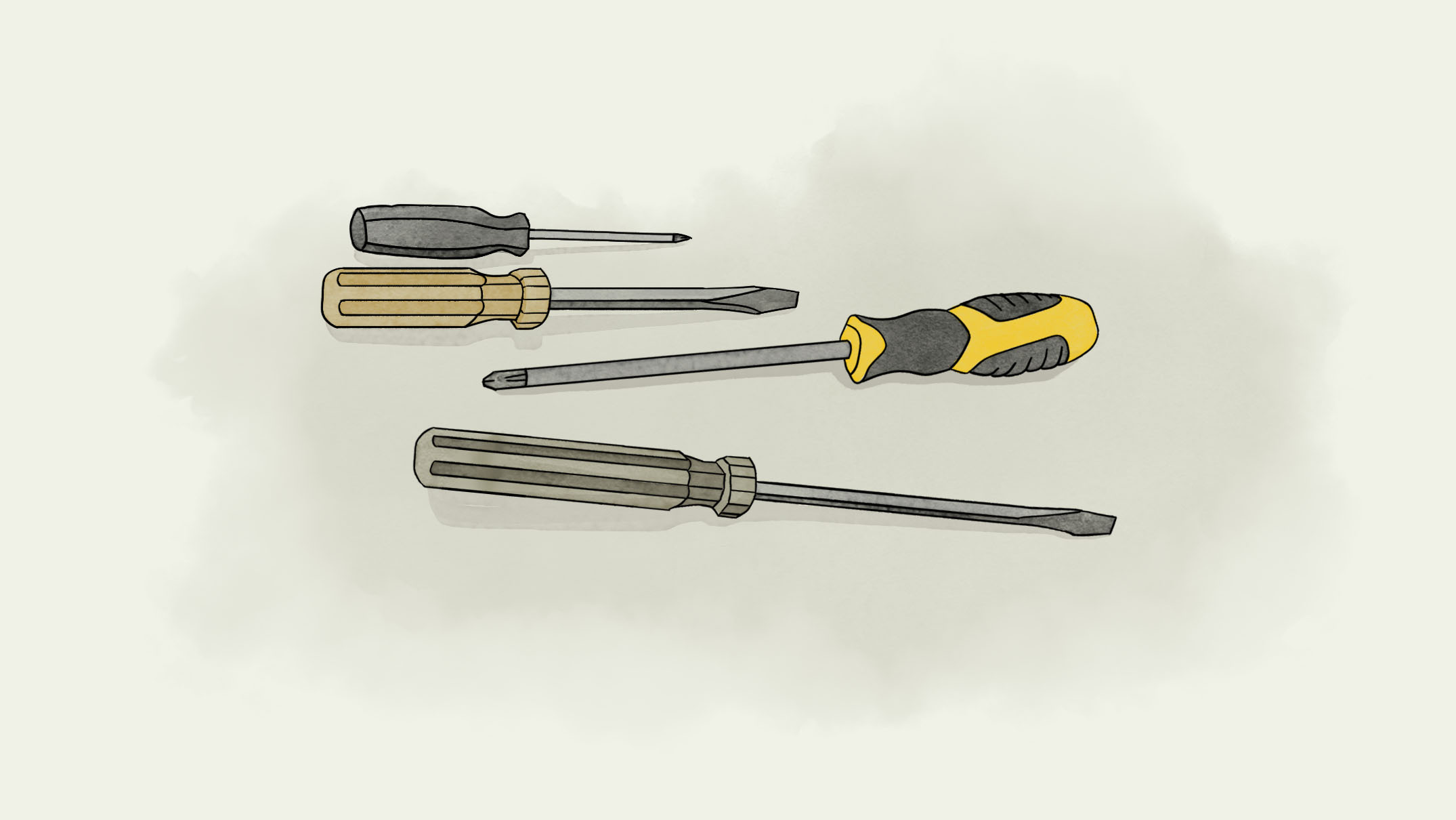 Watercolour illustration of a green handled flathead screwdriver and a yellow handled phillips head screwdriver.