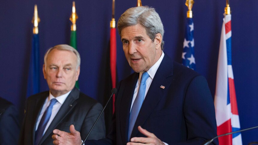 US Secretary of State John Kerry gives a press conference after a meeting between with European allies.