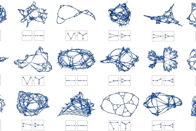 Scetches of lots of small blue pen images of lines creating 3D shapes.