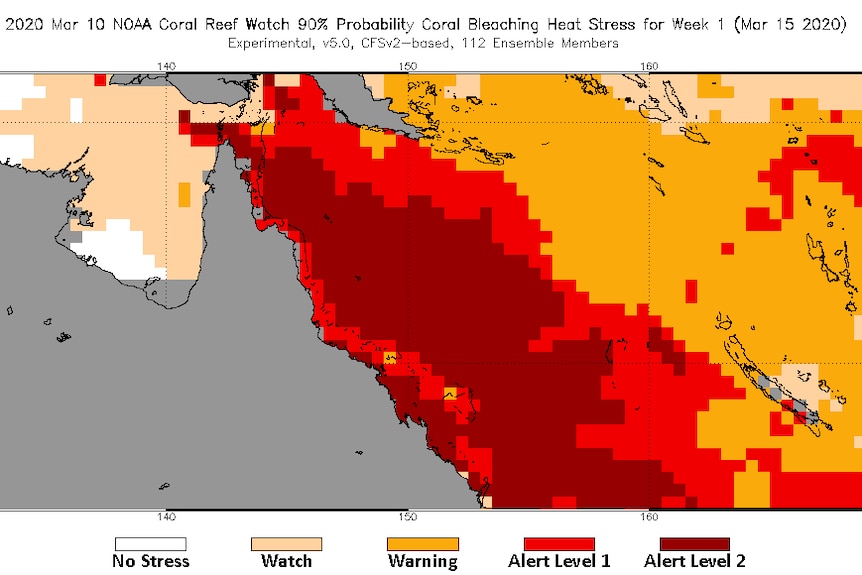 map showing red areas signifying coral bleaching