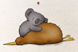 A drawing of a koala hugging a sleeping kiwi