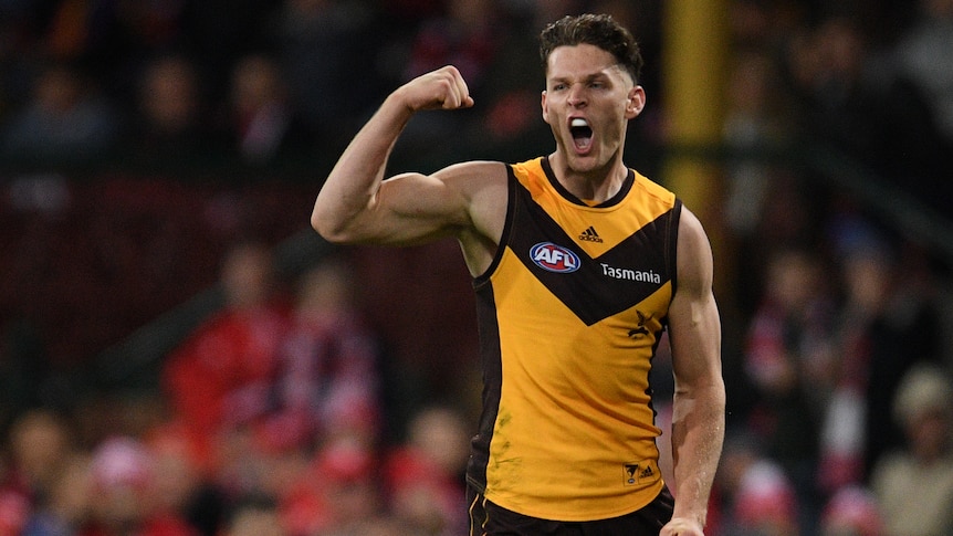 A Hawthorn AFL players pumps his right fist as he celebrates a goal.