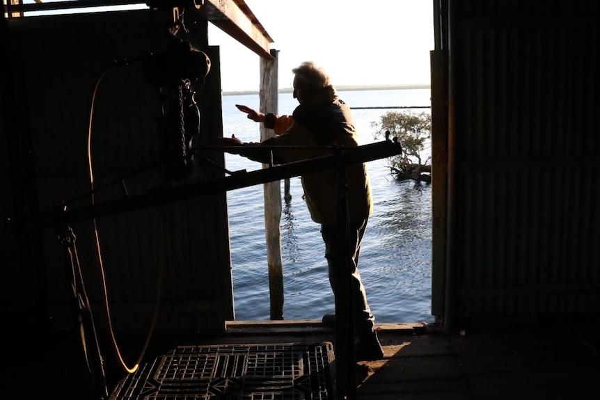 A man opens a door over water in an oyster farming shed on the river.
