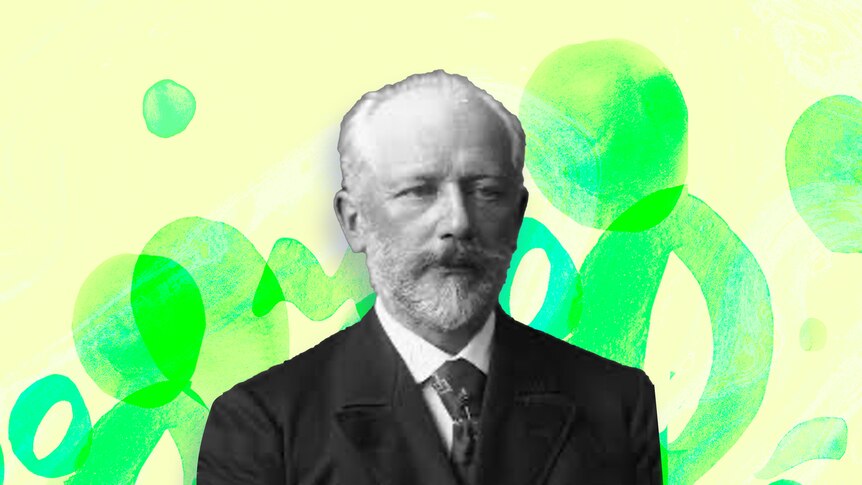 An image of composer Pyotr Ilych Tchaikovsky against a swirling green background.