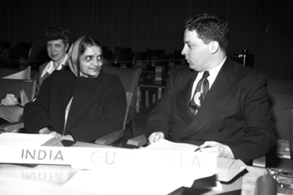 A black and white phot of Hasna Mehta at the United Nations
