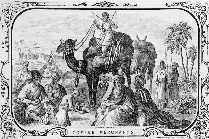 An old engraving depicting a servant giving coffee to a group of Yemeni coffee merchants.