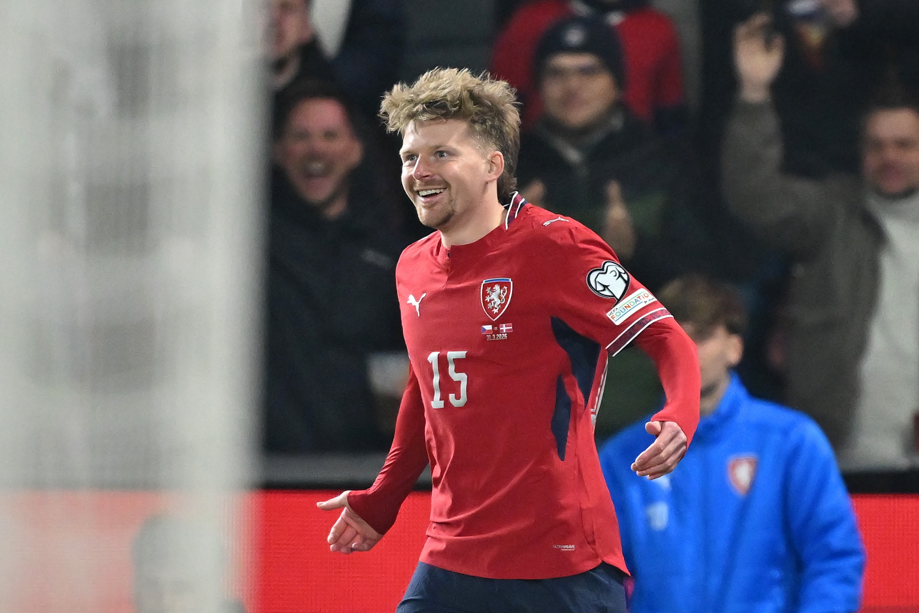 Pavel Sulc of Czechia celebrates scoring against Denmark in World Cup qualifier.