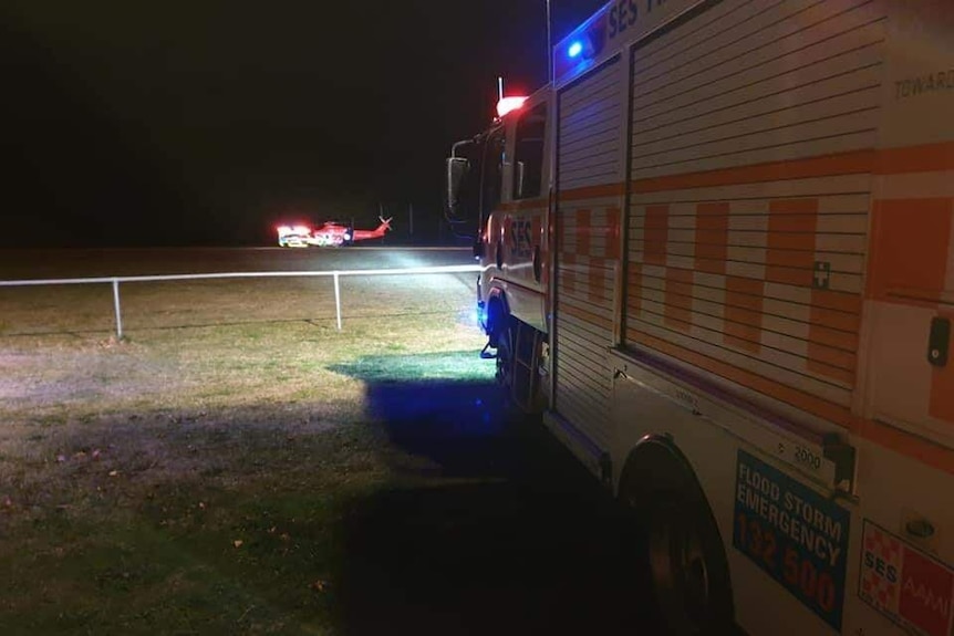 An SES vehicle lighting the oval to help an air ambulance land. 