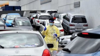 A health worker stands between cars at a testing centre