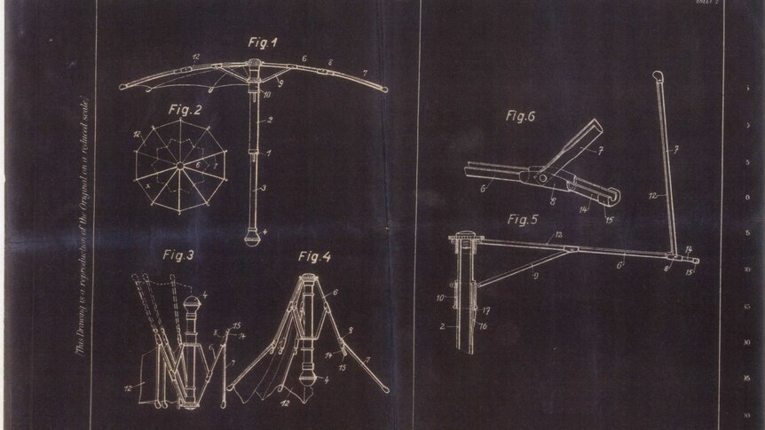 Design drawings for a folding umbrella.