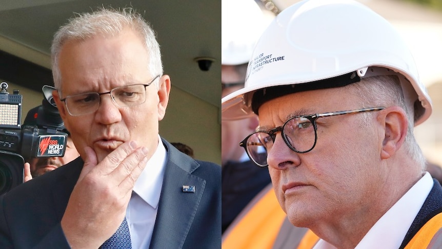 A composite image showing Scott Morrison holding his chin and Anthony Albanese in a hard hat.