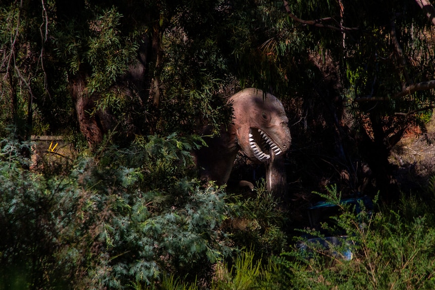 The head of a T-rex can be seen through thick bush