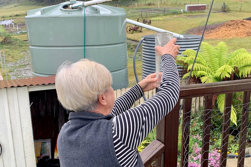 A woman with silver hair looks at a rain gauge
