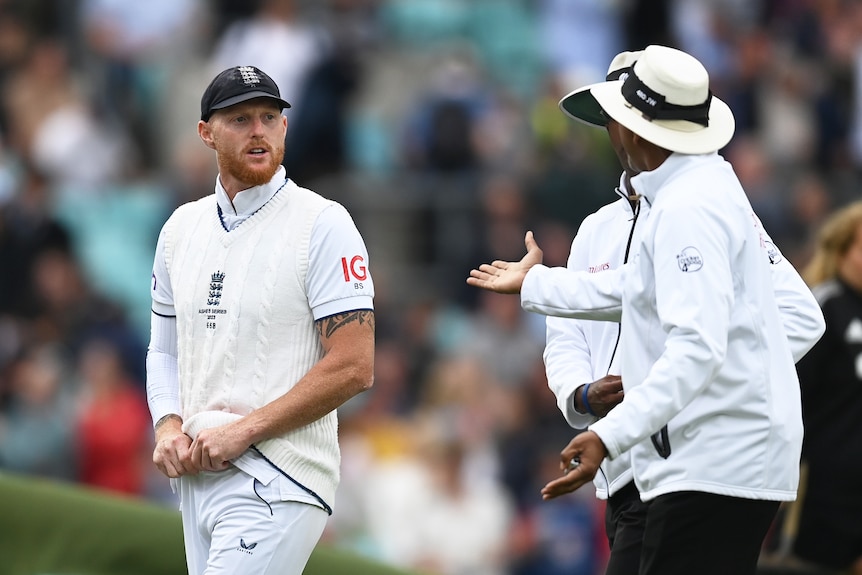 England captain Ben Stokes speaks to umpires during an Ashes Test at the Oval.