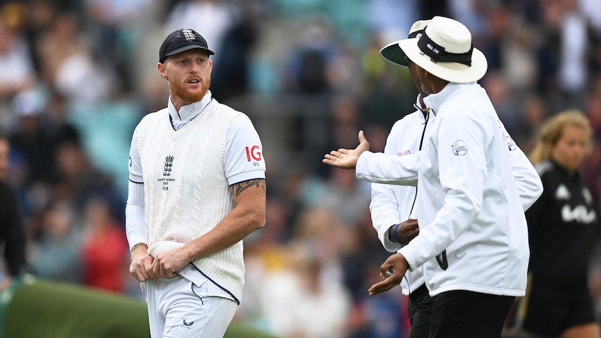 England captain Ben Stokes speaks to umpires during an Ashes Test at the Oval.