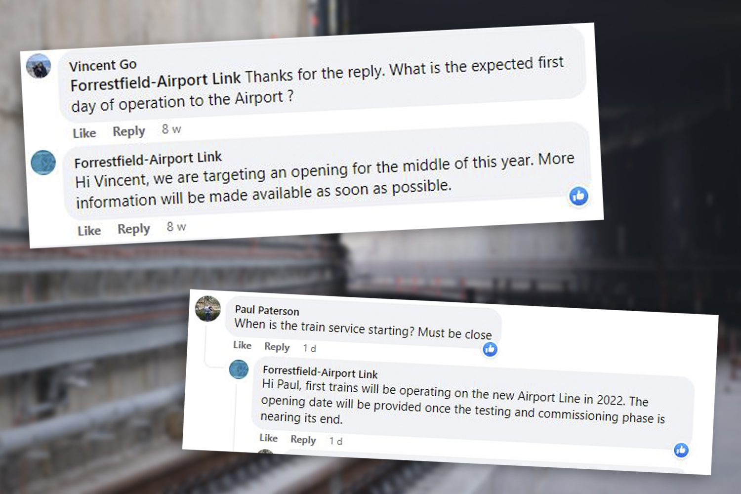 A graphic showing replies to comments on the Forrestfield-Airport Link Facebook page.