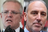 A composite image of Scott Morrison and Brian Houston. Both are wearing suits.