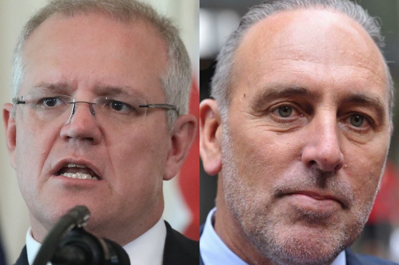 A composite image of Scott Morrison and Brian Houston. Both are wearing suits.