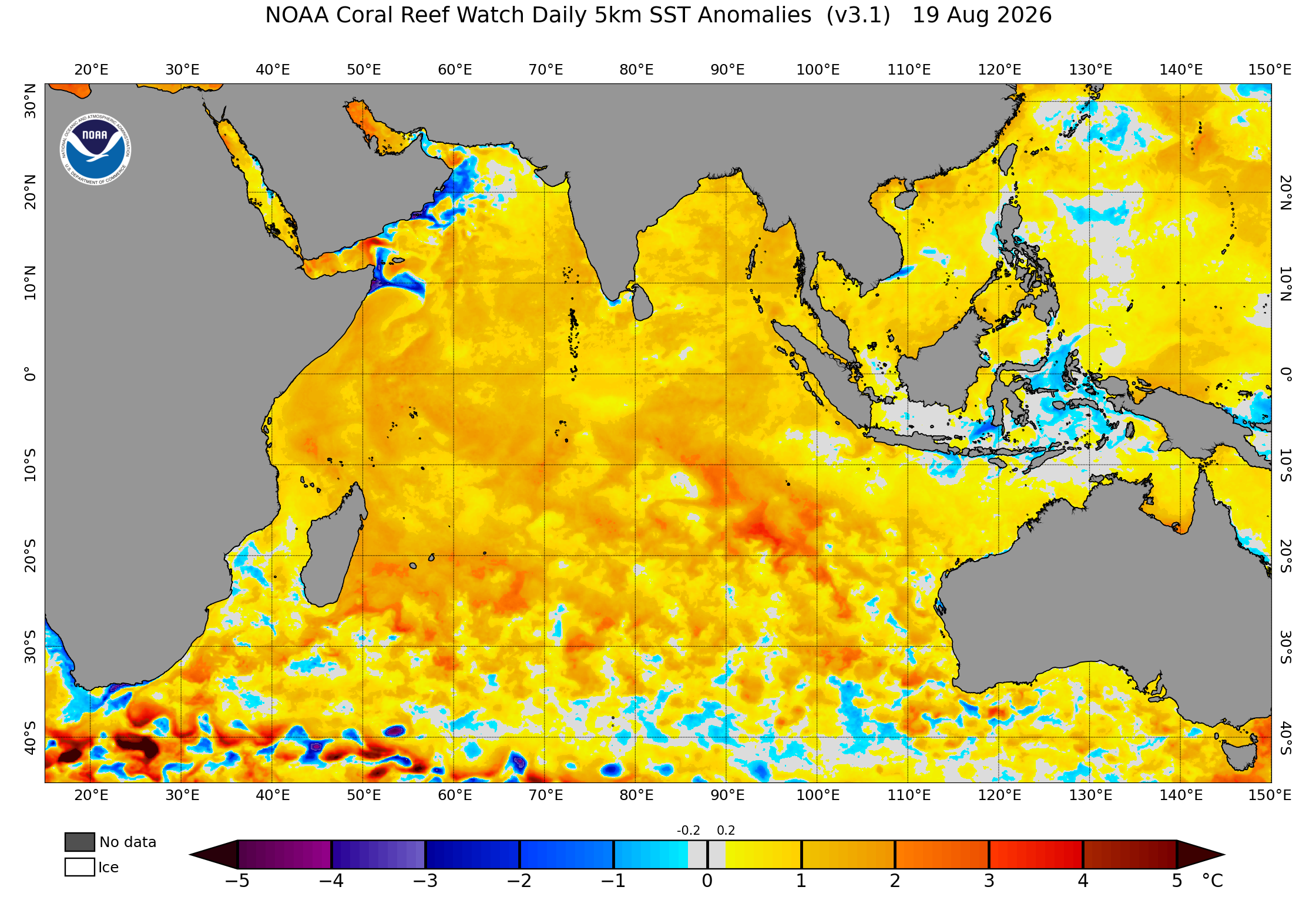 a weather map shows waters across the Indian Ocean are currently around 1 degrees Celsius to 2C above average