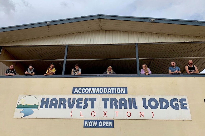 A row of people, each separated by a metre or two, lean over a balcony signposted "Accommodation: Harvest trail lodge Loxton".