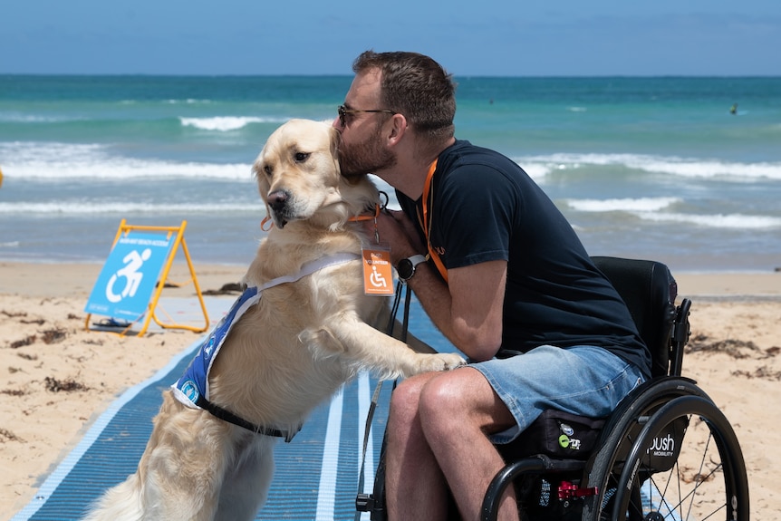 A man in a wheelchair hugging his dog on the sand at the beach