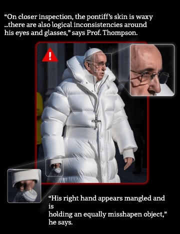 A fake version of the pope wears a puffer jacket. His face and hand are zoomed in on to reveal logical inconsistencies