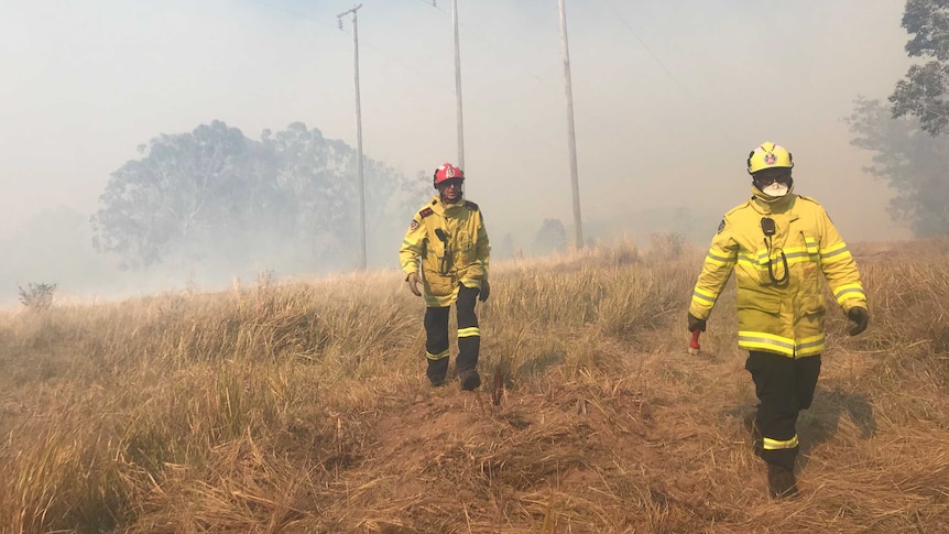 Two firefighters wearing yellow jackets walk in long grass with smoke behind them.