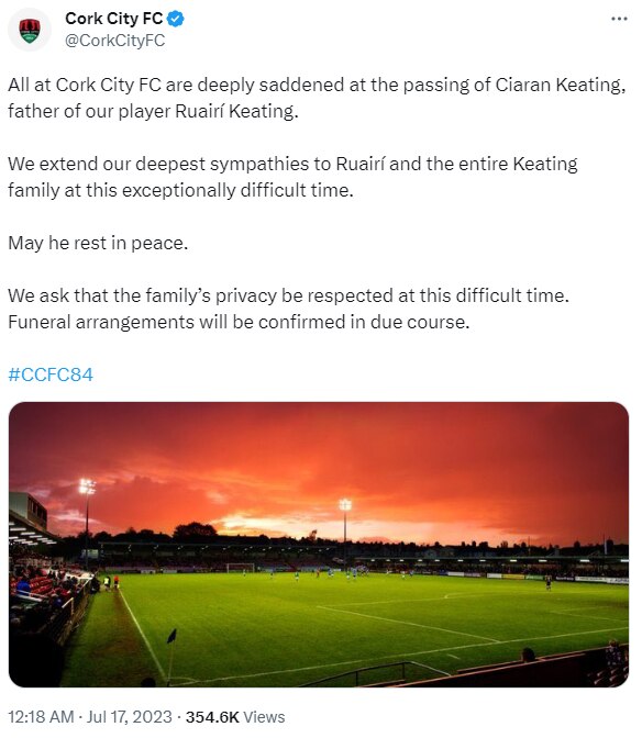 A tweet says "All at Cork City FC are deeply saddened at the passing of Ciaran Keating, father of our player Ruairí Keating"