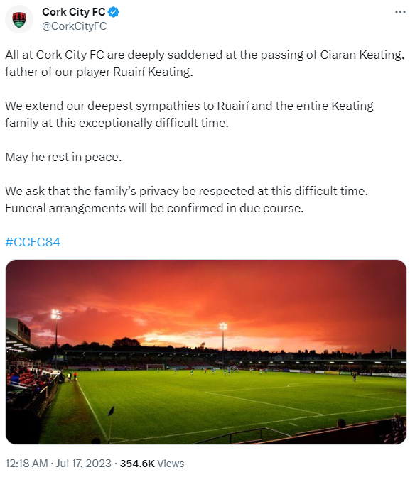 A tweet says "All at Cork City FC are deeply saddened at the passing of Ciaran Keating, father of our player Ruairí Keating"