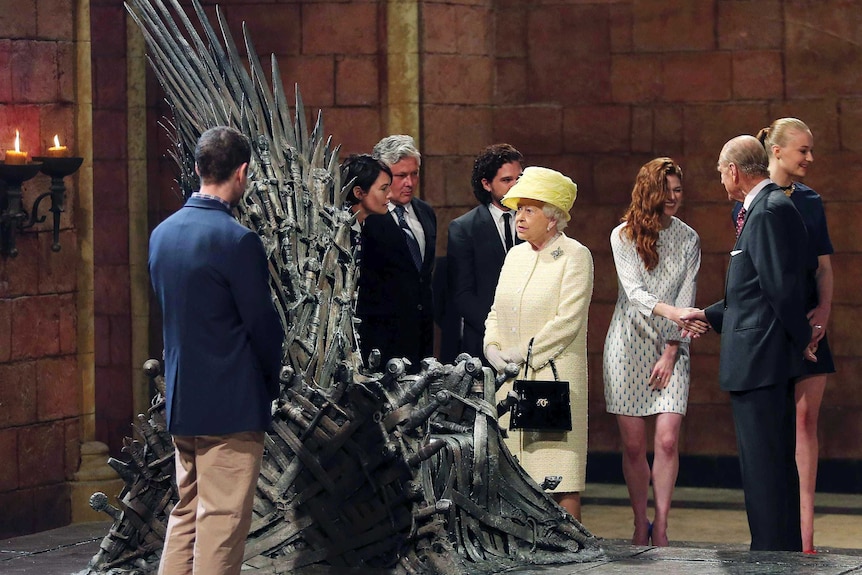The Queen and Prince Philip on the set of Game of Thrones.