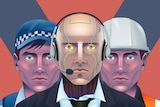 An illustration shows a robot wearing a phone headset alongside a police officer and a construction worker.