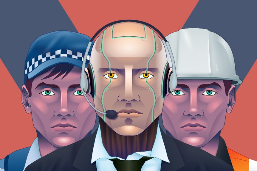 An illustration shows a robot wearing a phone headset alongside a police officer and a construction worker.