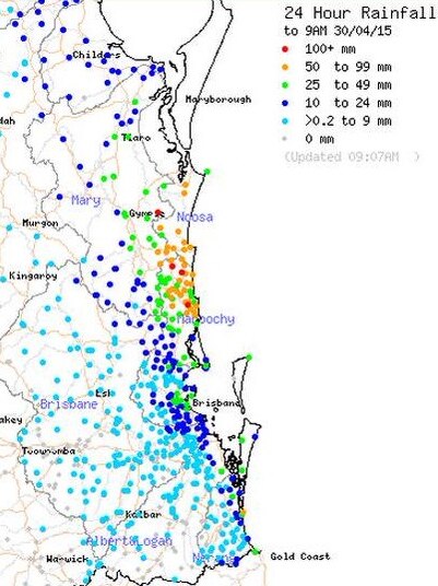 South-east Queensland rainfall totals in 24 hours to 9:00am April 30