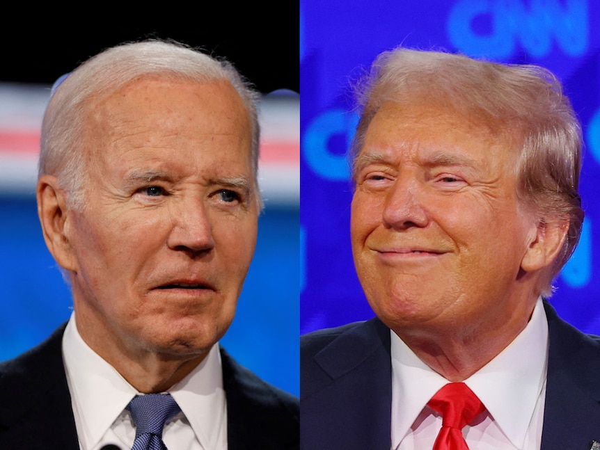 A side by side image of Trump in a suit raising a thumb and Biden in a suit.