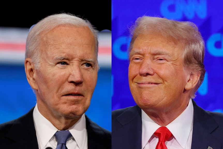 A side by side image of Trump in a suit raising a thumb and Biden in a suit.