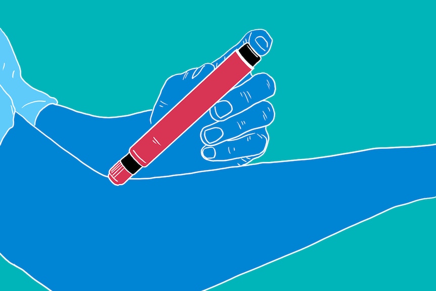 A blue, green, red and white graphic of an EpiPen going into an arm.