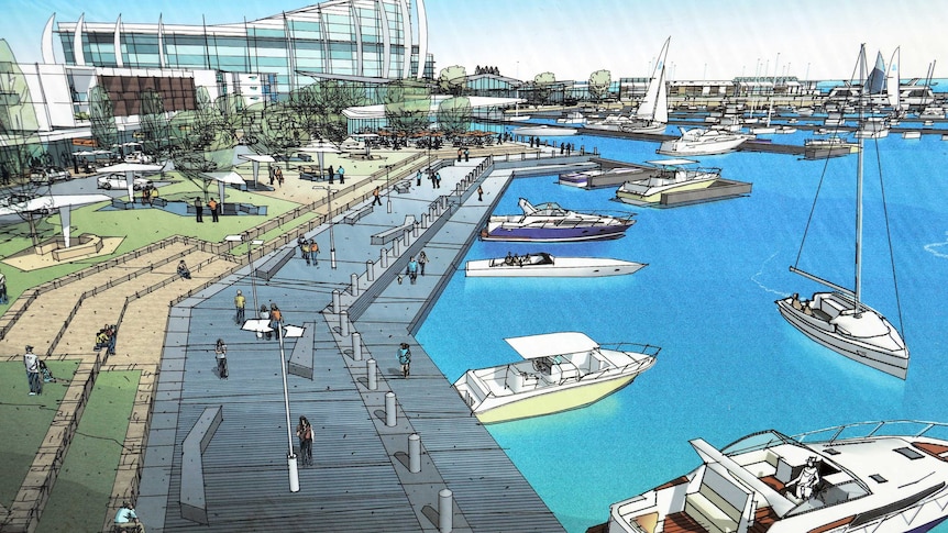Artists impression of Ocean Reef marina with boats and walkways.