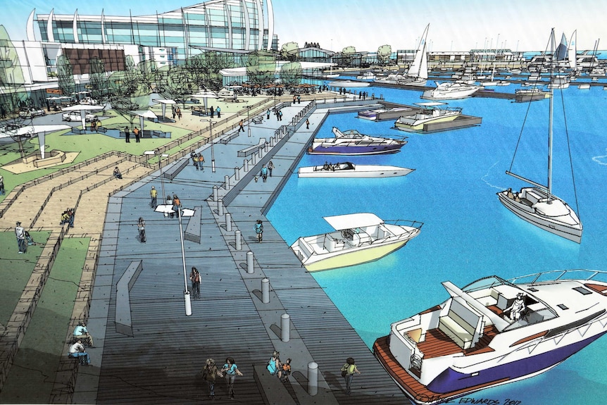 Artists impression of Ocean Reef marina with boats and walkways.
