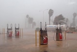 Rain pelts down on petrol bowsers at Shark Bay