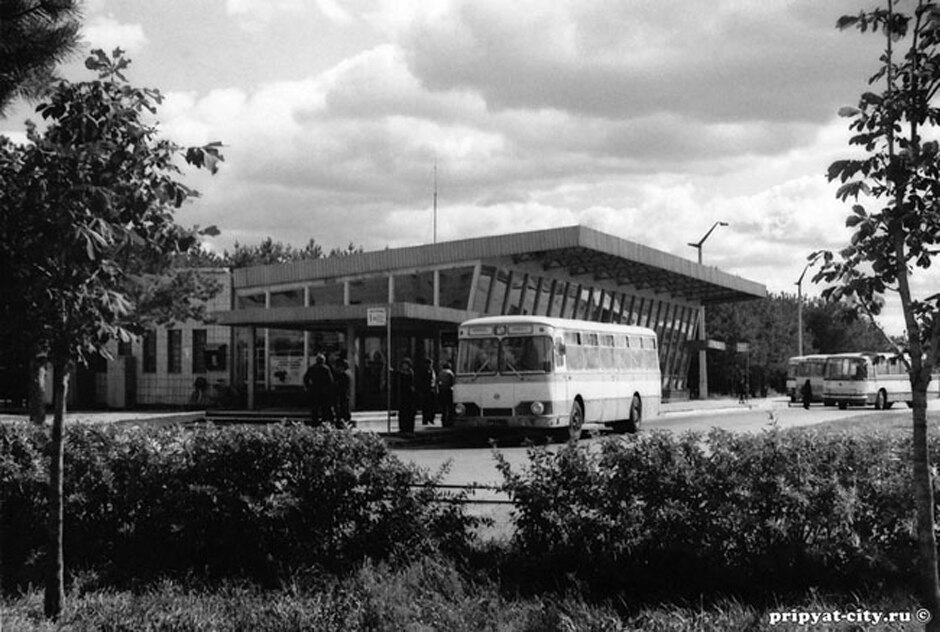 A picture of people boarding a bus at Pripyat bus station in the years before the nuclear disaster.