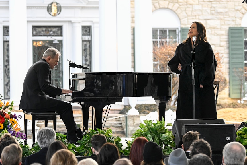 Alanis Morissette and Mike Farrell perform during a memorial service for Lisa Marie Presley.