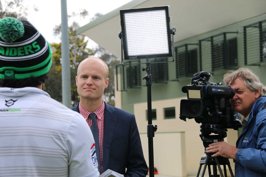 Sports reporter Tom Lowrey at the Canberra Raiders media day September 2016.
