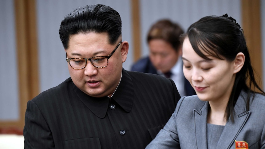 Kim Jong Un and his sister Kim Yo Jong at the US-North Korea summit in 2019