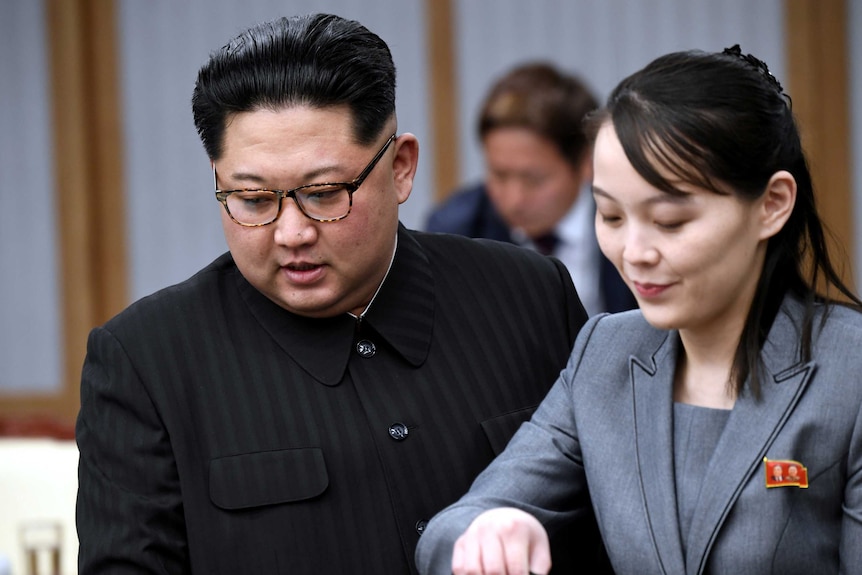 Kim Jong-un and his sister Kim Yo-jong at the US-North Korea summit in 2019