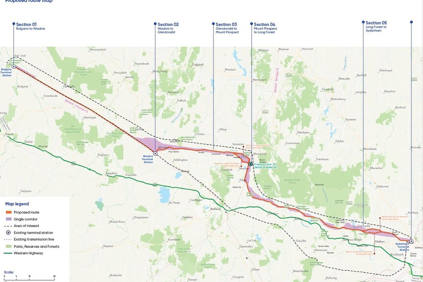 A map of Victoria showing the proposed route of a power transmission corridor.