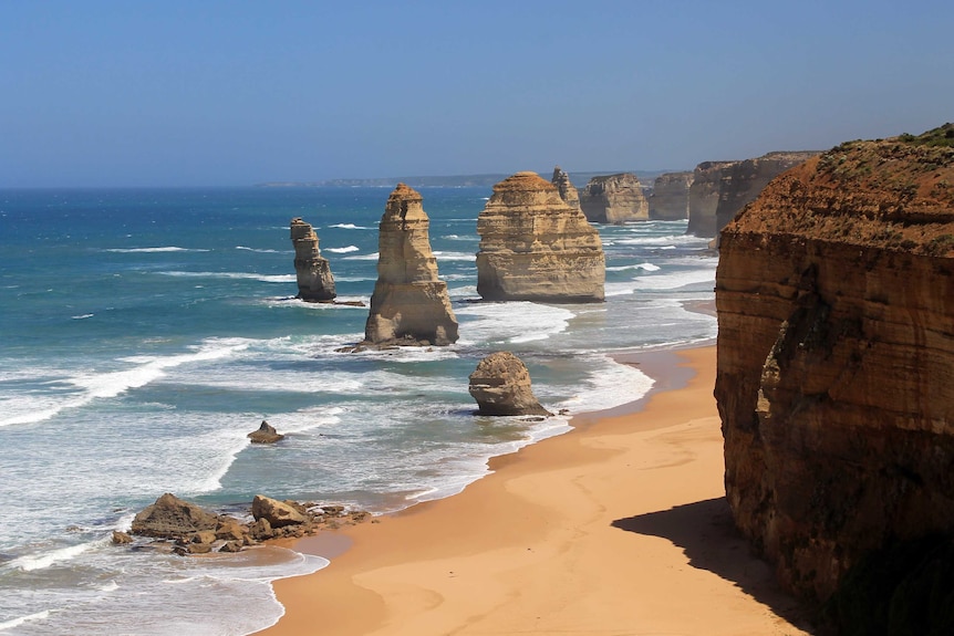 The Twelve Apostles, on Victoria's Great Ocean Road, seen from a distance.