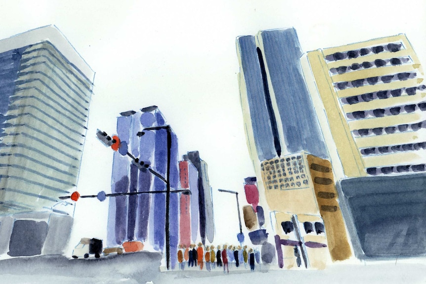 An illustration of a South Korean cityscape, office buildings and skyscrapers.