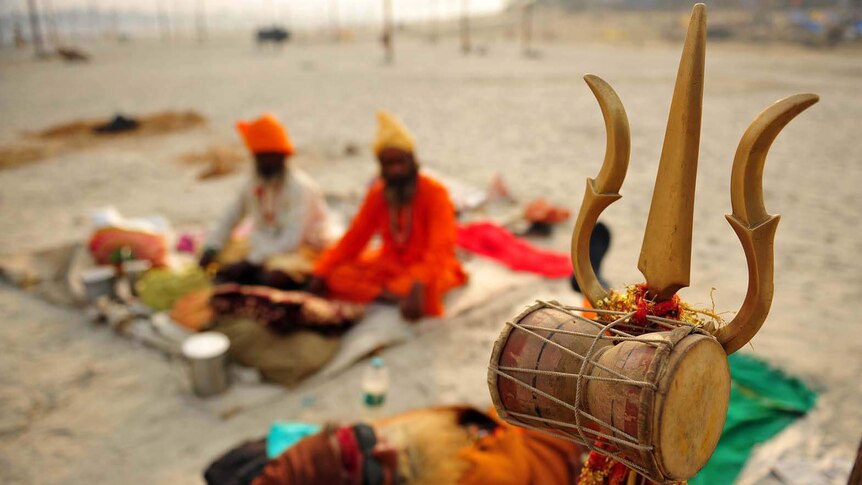 Holy men rest at Kumbh Mela